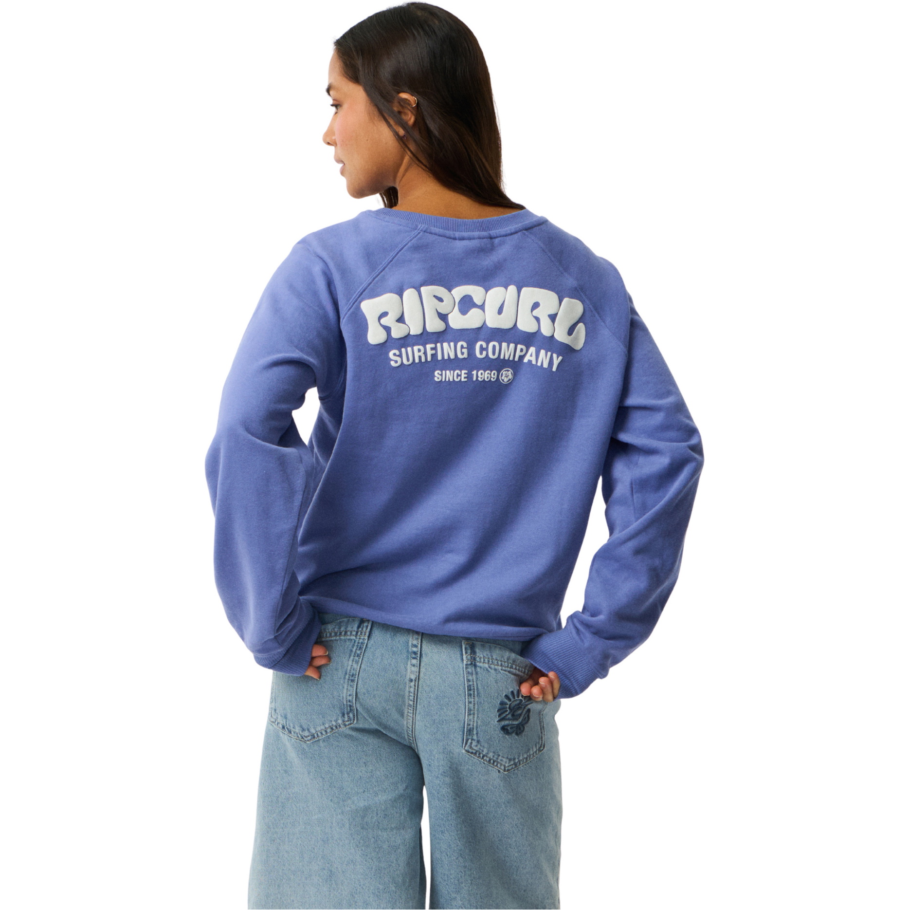 2026 Rip Curl Womens Surf Puff Raglan Relaxed Crew Sweatshirt 0EWWFL - Mid Blue